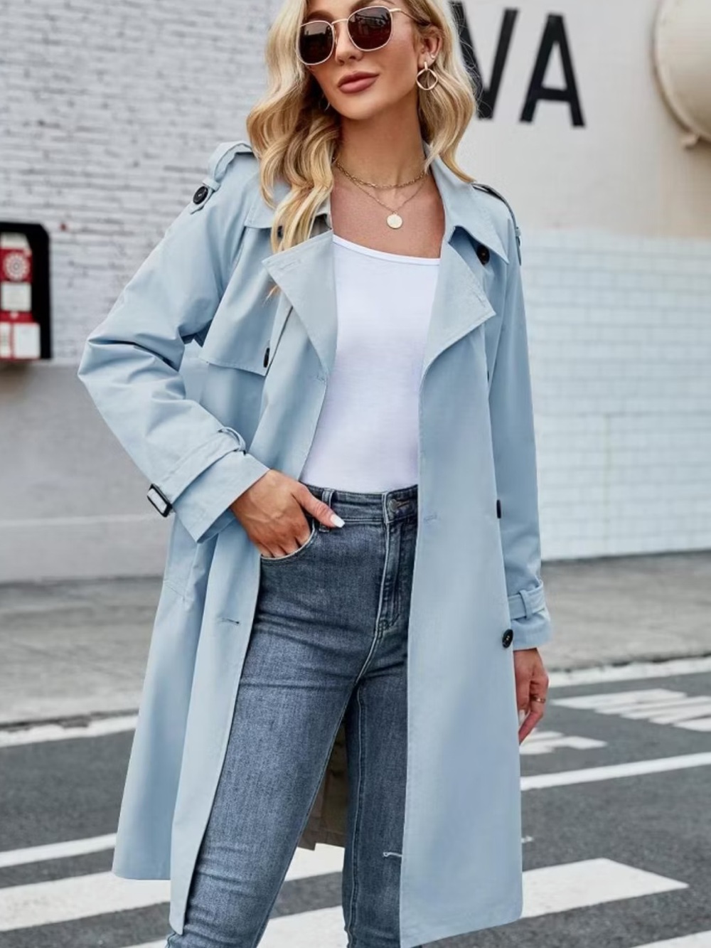 Ann Taylor Women S Light Blue Trench Coat Double Breasted Classic Spring Office - Picture 13 of 14